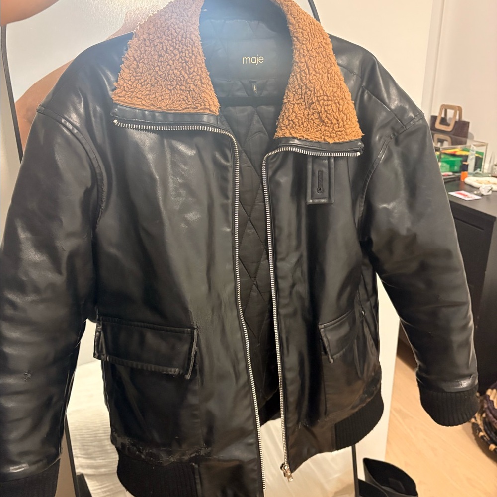 Maje Black Leather Bomber Jacket with Tan Collar